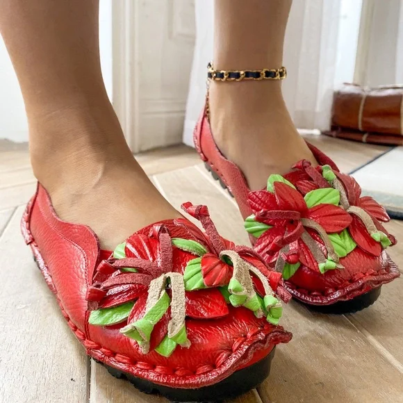 Socofy Red Flower Handcrafted Leather Slip On Loafers Shoes 9.5 - Picture 1 of 9